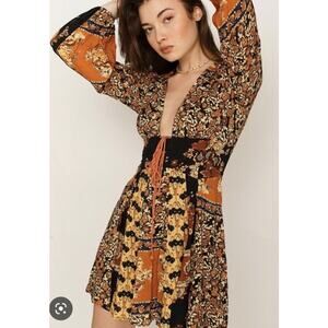 Free People Mixin It Up Orange Black Floral Bohemian Tie Mini Dress-Size XS